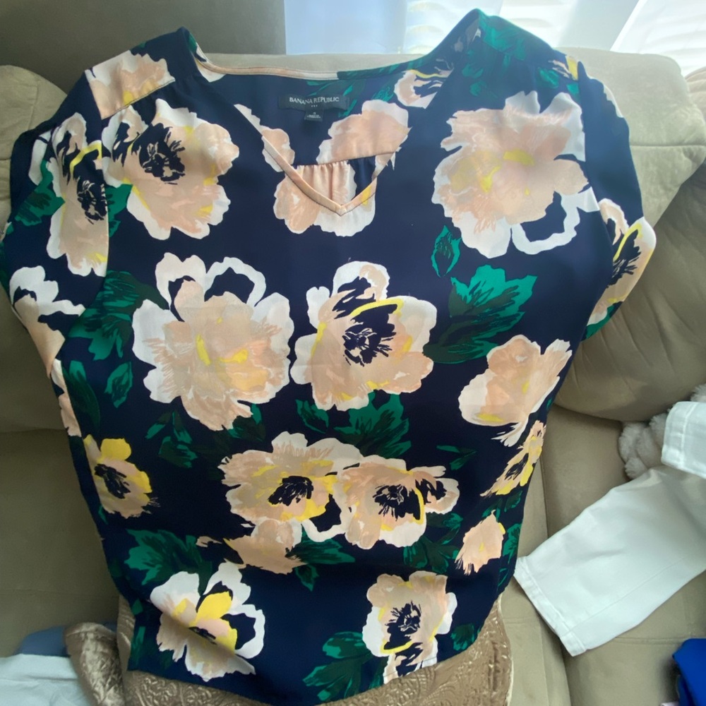 Banana Republic Navy Blouse with Peach Floral Design